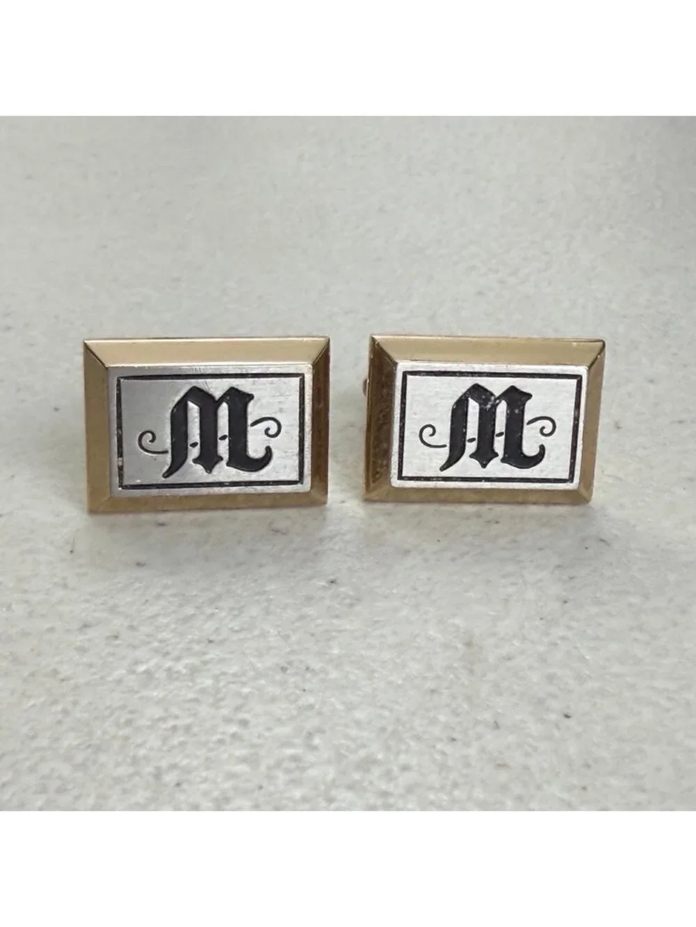 Vintage Letter M Cuff Links 60s Hickok Olde English Initial Gold Silver Tone
